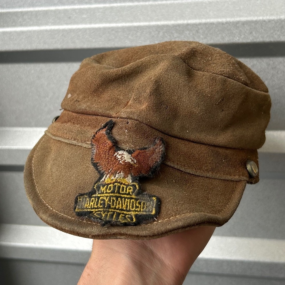 Vintage 1940s Harley Davidson Leather Motorcycle Cap Brown Biker Hat Eagle Patch